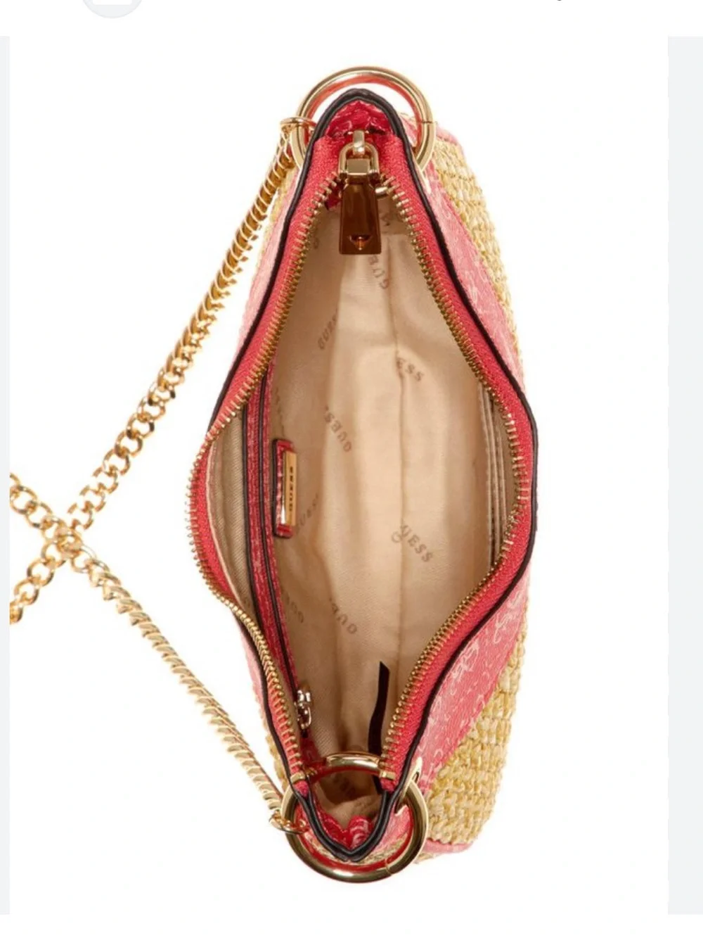 GUESS Coral and Tan Woven Shoulder Bag with Chain Strap - Picture 3 of 4